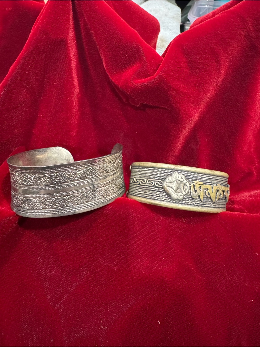 Intricate Silver-Tone & Brass Accent Cuff Bracelets - Red